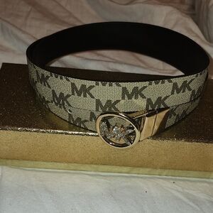 Michael Kors Beige Monogram Belt with Gold Buckle